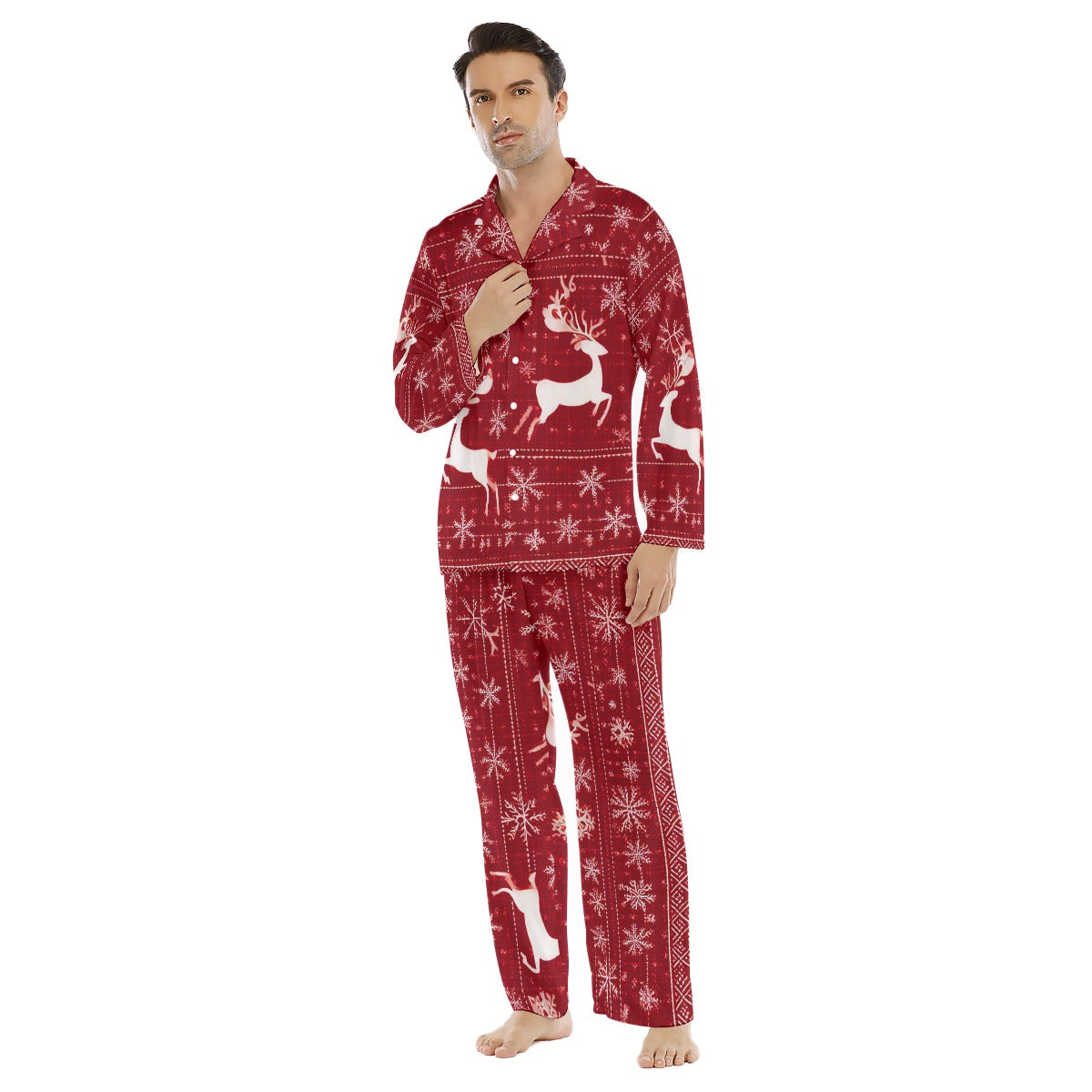Man wearing a red Christmas-themed pajama set with reindeer and snowflake patterns